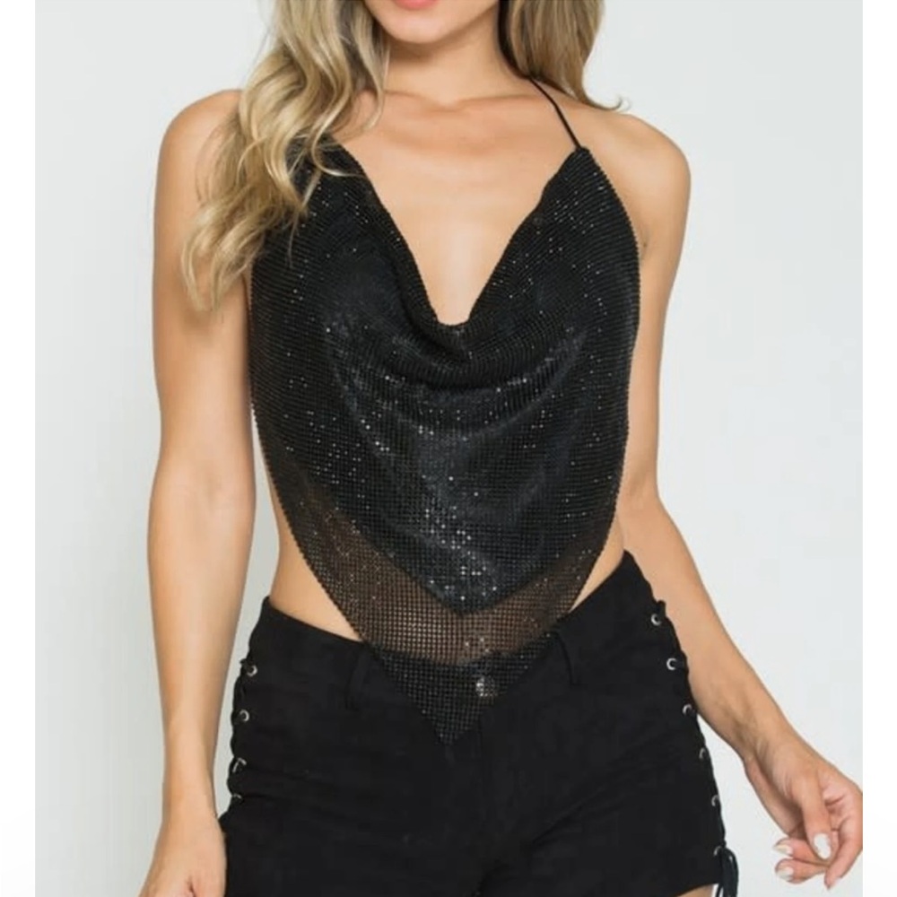 Black Sequin Halter Bandana Top - Women